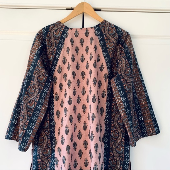 J. Jill Tunic Cotton Linen Block Print Floral Shift Split Neck 3/4 Sleeve Size M - Picture 4 of 8